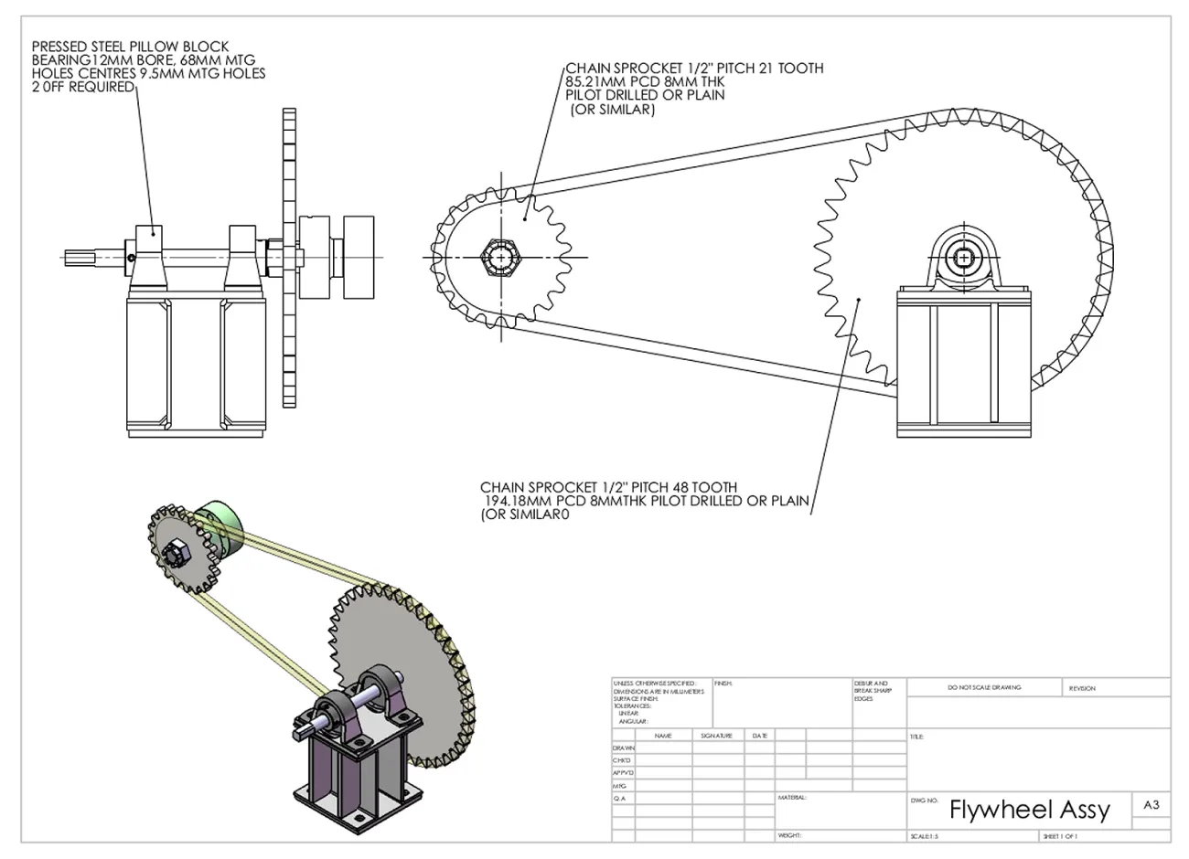 The starting mechanism which will allow a handle start via a chain driven sprocket on the engine flywheel